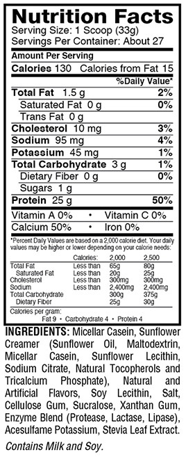 Elite Casein Supplement Facts
