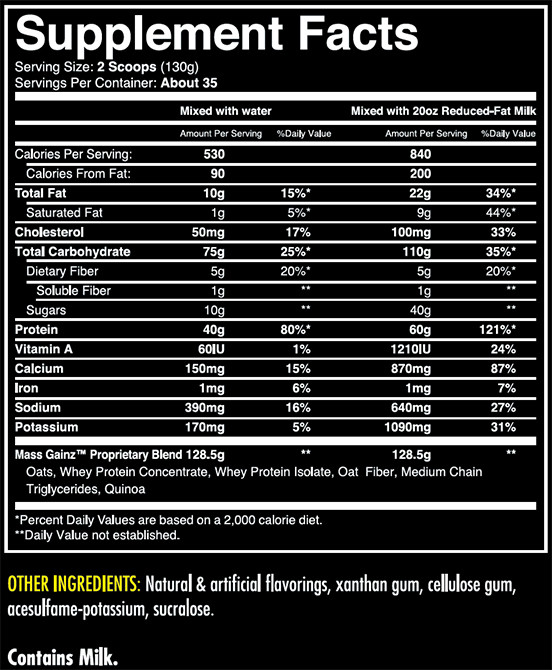 Mass GainZ Supplement Facts Image