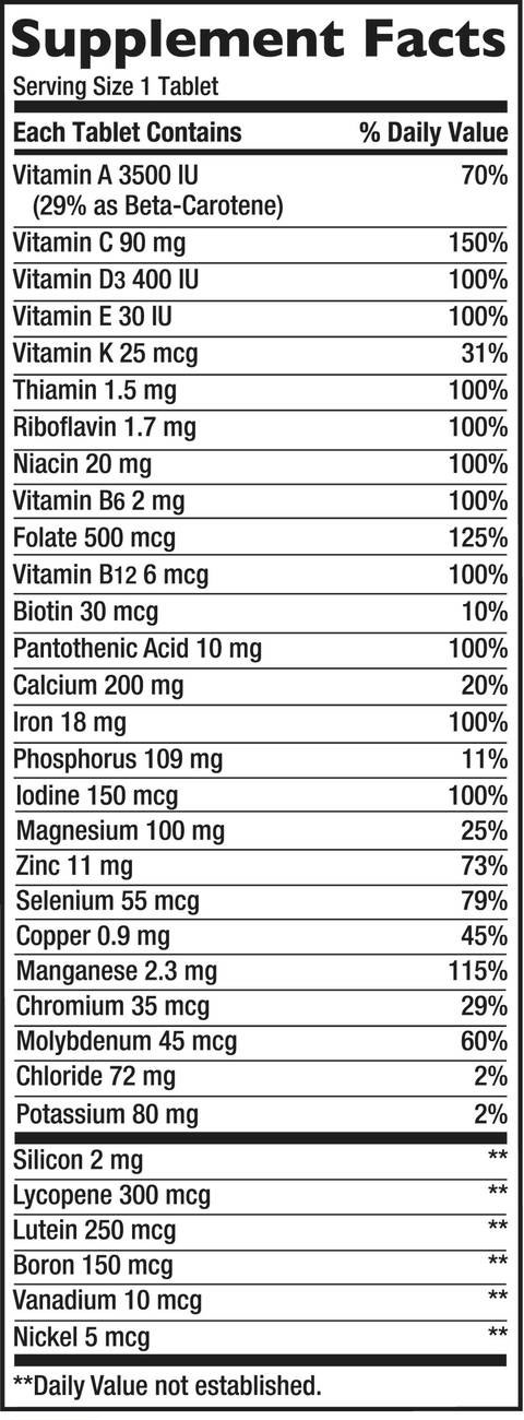 Kirkland Daily Multi Supplement Facts Image