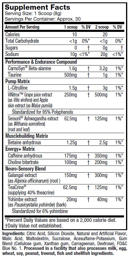 MuscleTech Pre Build Supplement Facts