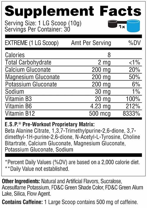 ESP Pre Workout Supplement Facts