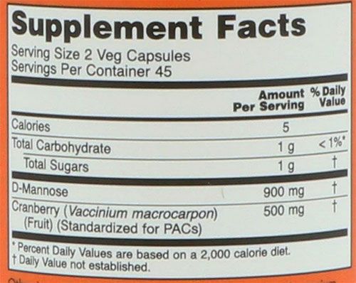 NOW Mannose Cranberry Supplement Facts