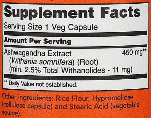 NOW Ashwagandha Supplement Facts