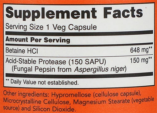 NOW Betaine HCL Supplement Facts