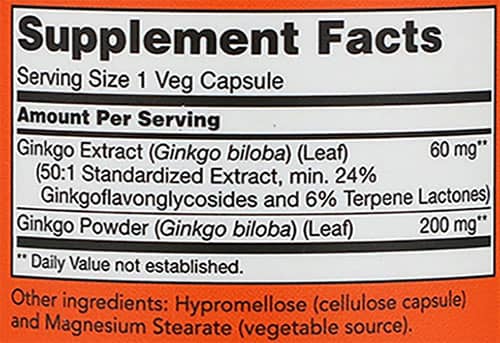 NOW Ginkgo Biloba Supplement Facts
