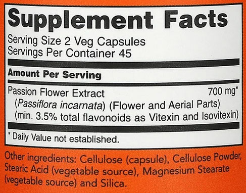 NOW Passion Flower Supplement Facts