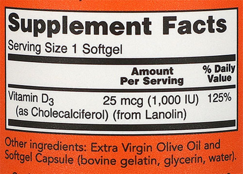 NOW Vitamin D3 Supplement Facts