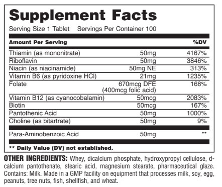Universal Nutrition Vitamin B Complex Supplement Facts