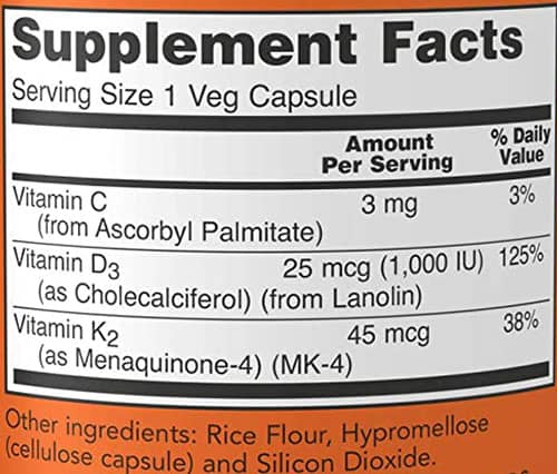 NOW Vitamin D3 & K2 Supplement Facts