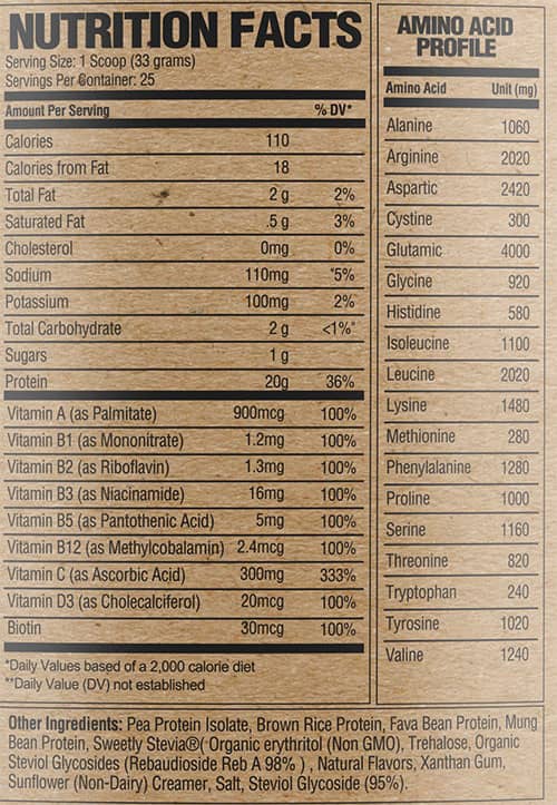 Raw Nutrition Vegan Protein Supplement Facts