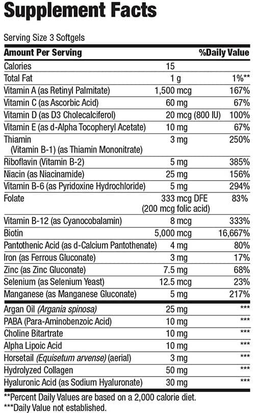 Nature's Bounty Hair, Skin and Nails Softgels Supplement Facts