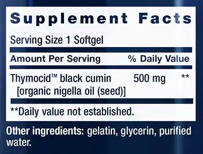 Life Extension Black Cumin Seed Oil Supplement Facts Image
