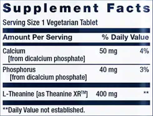 Life Extension Theanine XR Stress Relief Supplement Facts Image