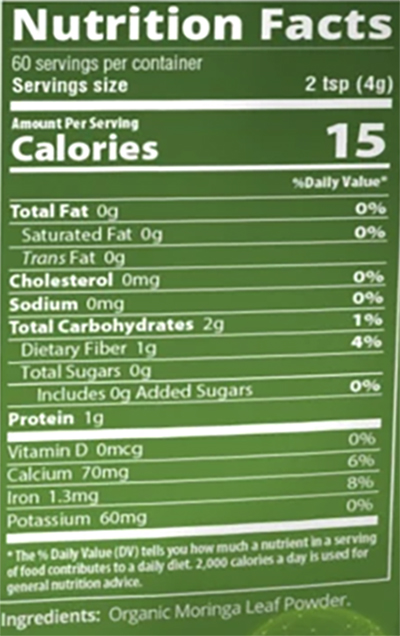 MRM Organic Moringa Leaf Powder Supplement Facts Image