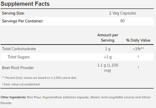 NOW Beet Root Veg Caps Supplement Facts Image