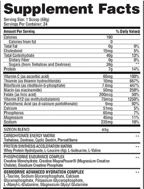 Gaspari SizeOn Supplement Facts Image