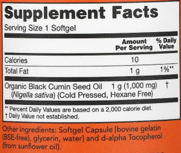 NOW Black Cumin Seed Oil Supplement Facts Image