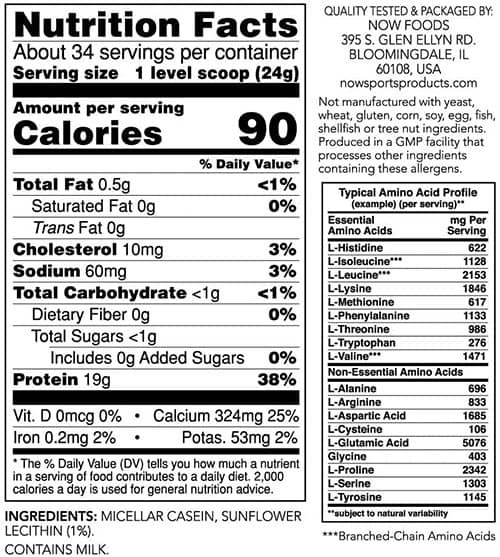 NOW Micellar Casein Supplement Facts Image
