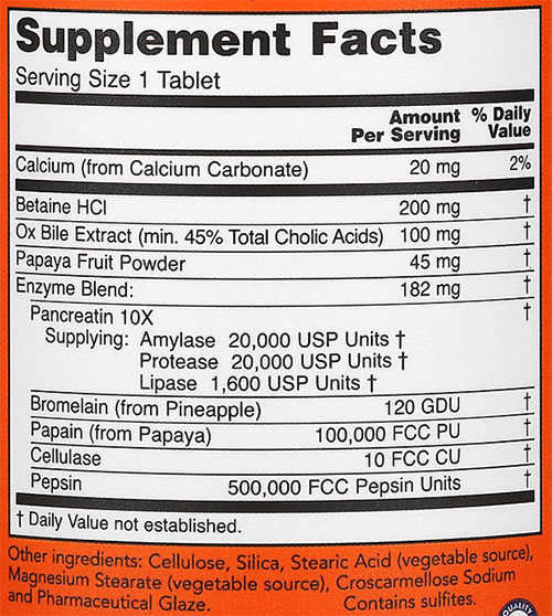 NOW Super Enzymes Tablets Supplement Facts Image