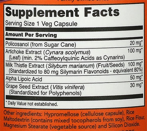 NOW Policosanol 20mg Supplement Facts Image