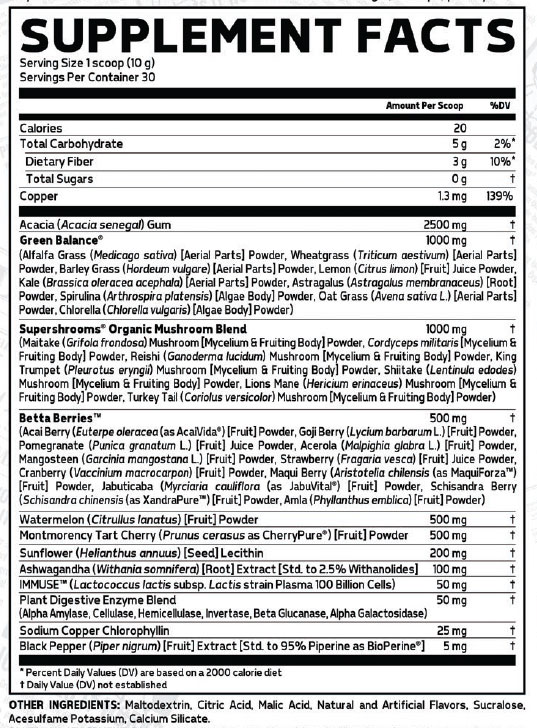 Glaxon Super Greens Immune Supplement Facts Image
