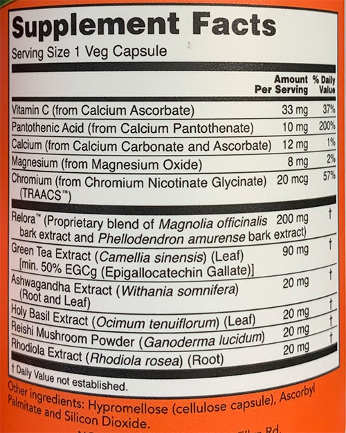 NOW Adrenal Stress Support Supplement Facts Image