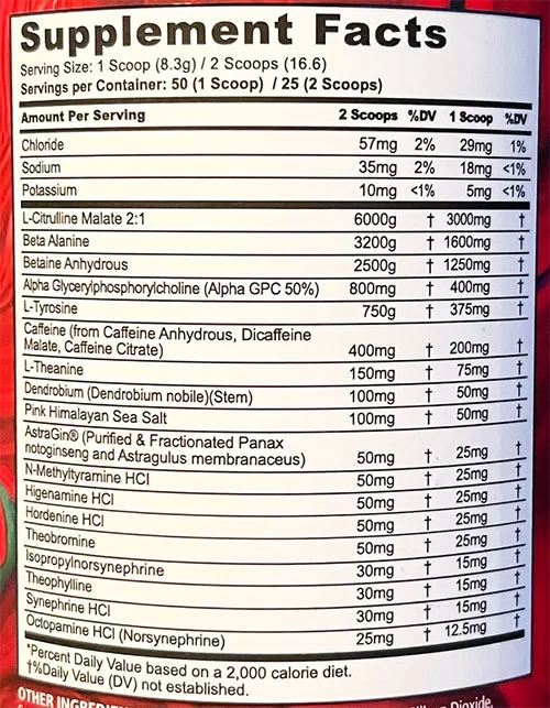 Rampage Pre Workout Supplement Facts Image