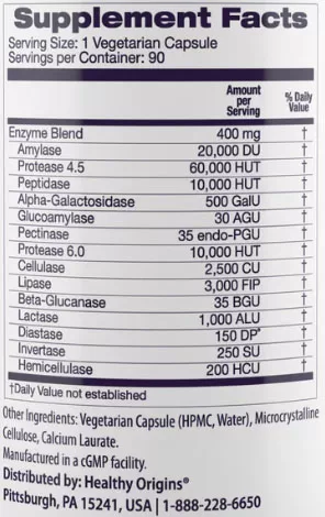 Healthy Origins Digestive Enzymes Supplement Facts Image