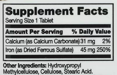21st Century Iron Supplement Facts Image