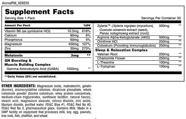 Animal PM Supplement Facts Image