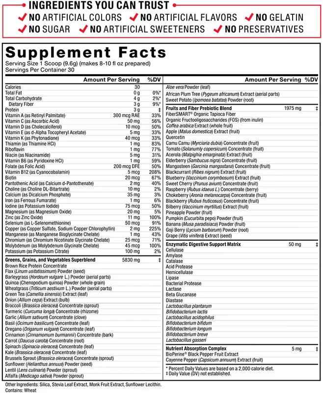 Smarter Greens Supplement Facts Image