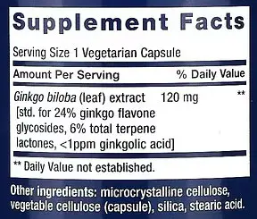 Life Extension Ginkgo Biloba Supplement Facts Image