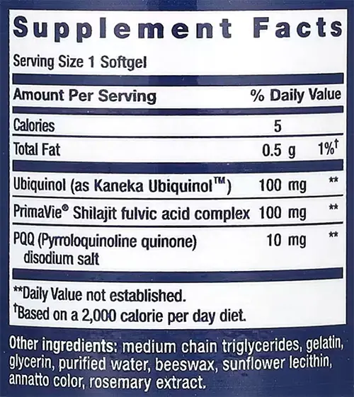 Life Extension Super Ubiquinol CoQ10 with PQQ Supplement Facts Image