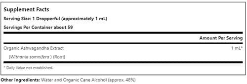 NOW Ashwagandha Extract Liquid Supplement Facts