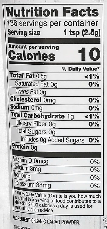 NOW Cacao Powder Supplement Facts Image