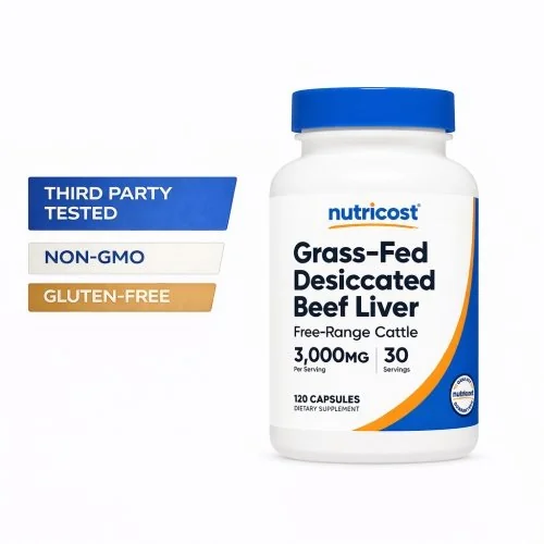 Nutricost Grass-Fed Desiccated Beef Liver - 3000 mg - 120 Capsules