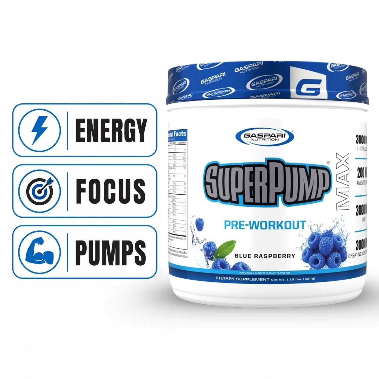 Gaspari Nutrition SuperPump Max pre-workout tub, Blue Raspberry, Energy Focus Pumps callouts Gaspari Nutrition SuperPump Max pre-workout tub in Blue Raspberry flavor, front label showing Energy Focus Pumps