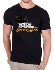 SameDaySupplements Black T-Shirt, With Orange Logo, X-Large