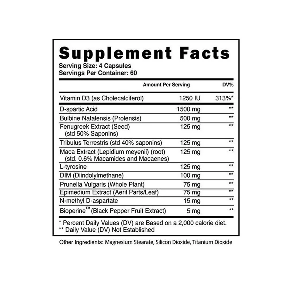 Apex Male supplement facts panel, serving size 4 capsules Apex Male supplement facts panel showing vitamin D3, D-aspartic acid 1500 mg, bulbine 500 mg, fenugreek 125 mg, tribulus 125 mg, DIM 100 mg, and other ingredients per 4 capsules