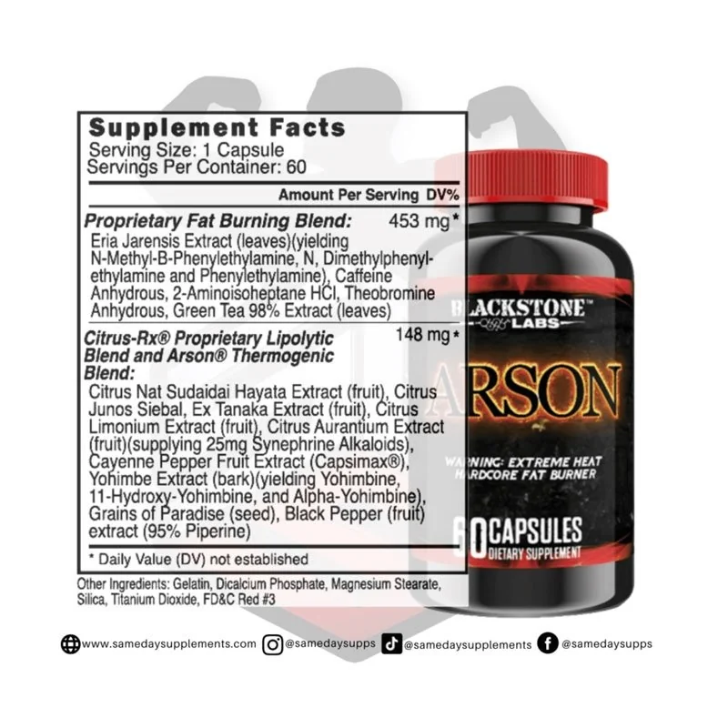 Arson ingredients label, close-up supplement facts image Arson ingredients label image, close-up of supplement facts showing Citrus-Rx and proprietary blend totals