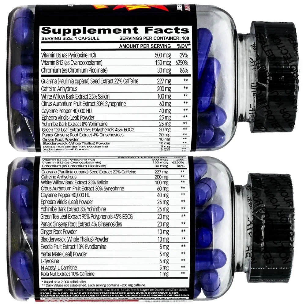 Asia Black 25 supplement facts panel with full ingredient list and dosages Asia Black 25 supplement facts panel showing 200 mg caffeine anhydrous, 60 mg citrus aurantium extract, and 25 mg yohimbe bark extract per capsule