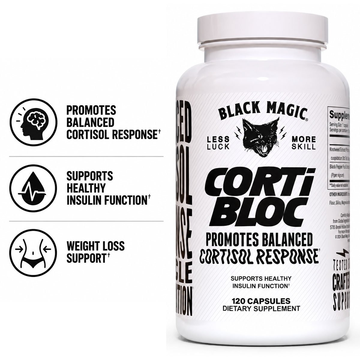 Black Magic Cortibloc, 120 capsules, formerly Chemix Cortibloc, bottle image Black Magic Cortibloc bottle, 120 capsules, red and black label, formerly Chemix Cortibloc