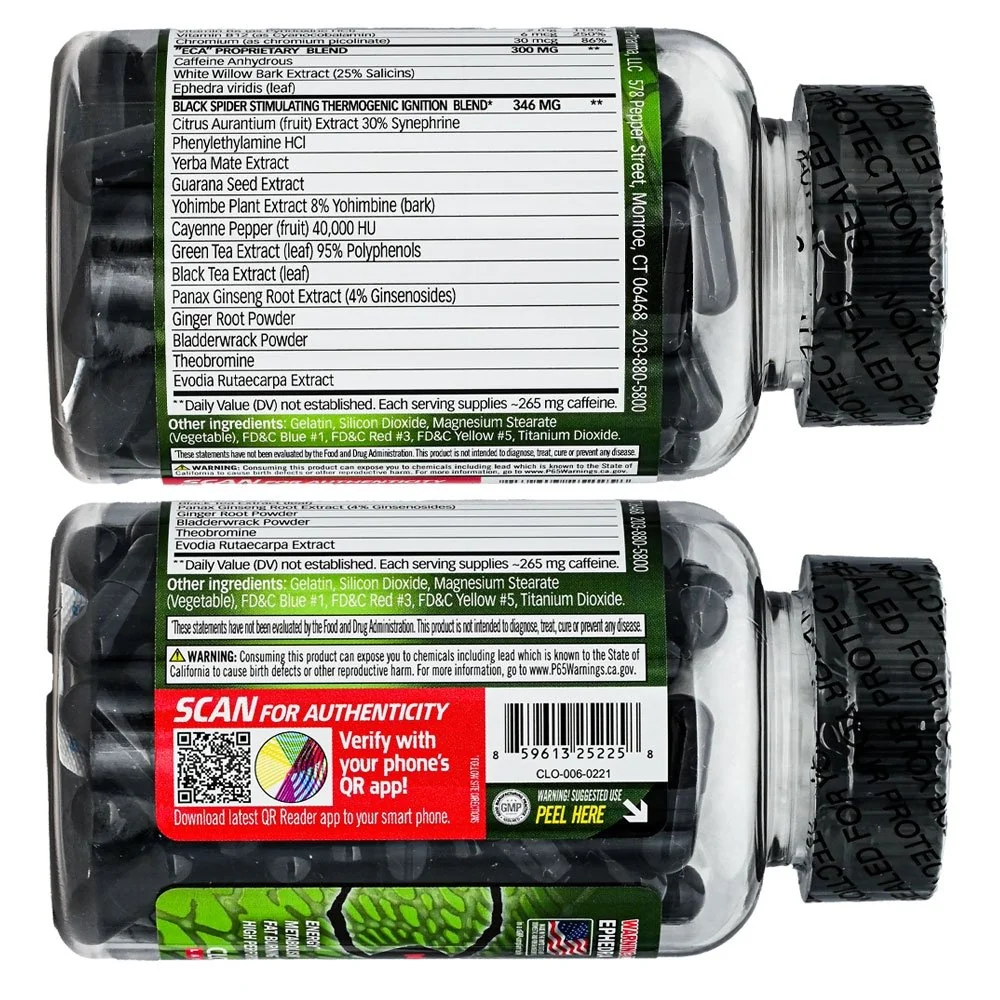 Black Spider 25 ingredients panel with proprietary blend breakdown Black Spider 25 ingredients panel showing a 300 mg ECA blend, a 346 mg ignition blend, and about 265 mg caffeine per capsule
