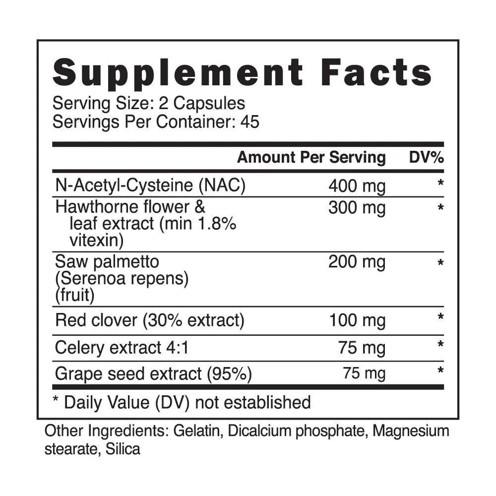 Gear Support supplement facts panel with NAC, hawthorne, saw palmetto, and grape seed extract Gear Support supplement facts panel image showing NAC 400 mg, hawthorne 300 mg, saw palmetto 200 mg, red clover 100 mg, celery extract 75 mg, grape seed extract 75 mg per 2 capsules