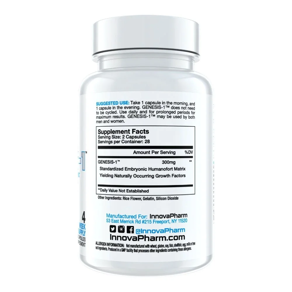 Genesis-1 supplement facts panel, serving size 2 capsules Genesis-1 supplement facts image showing 300 mg GENESIS-1 standardized embryonic humanofort matrix, serving size 2 capsules