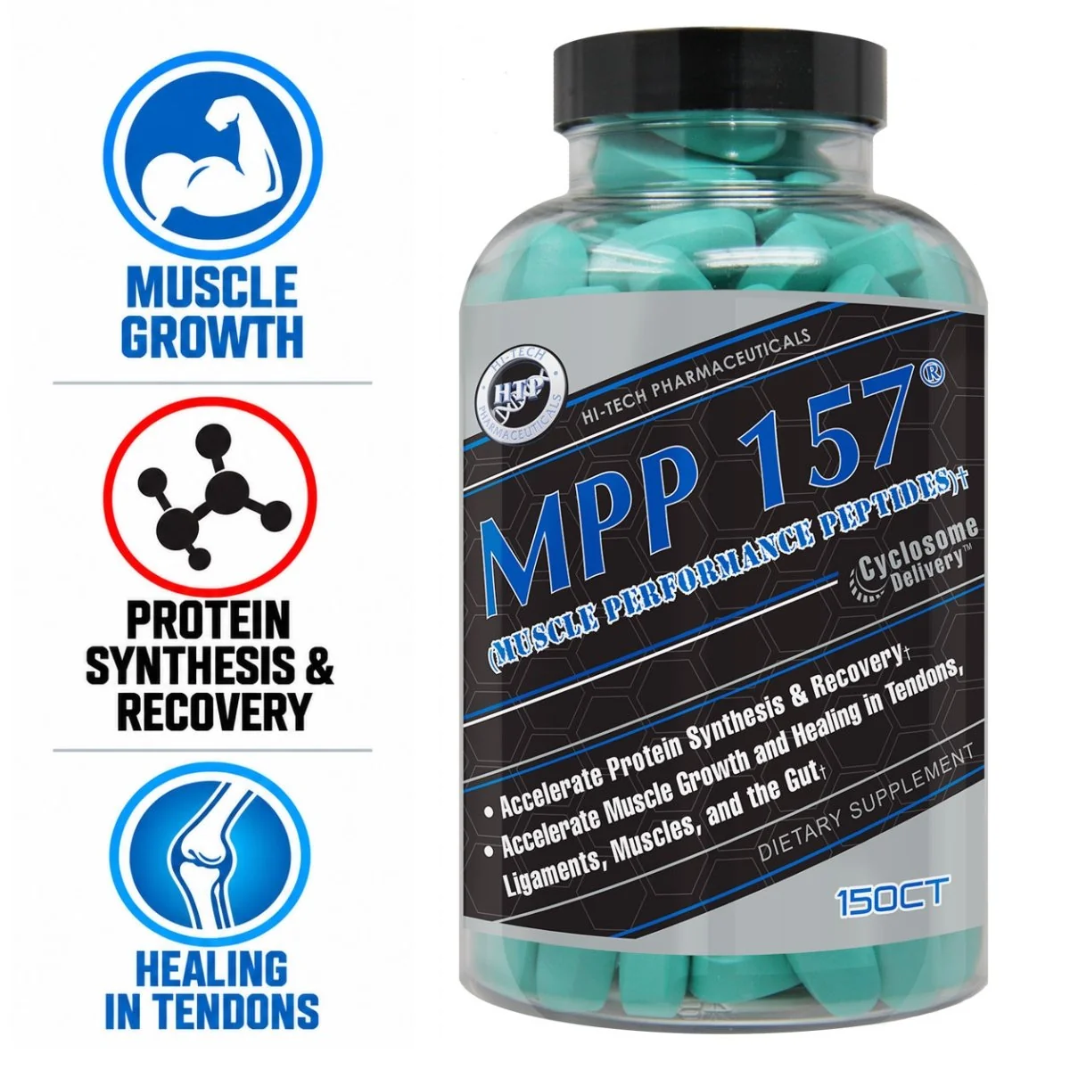 Hi-Tech Pharmaceuticals MPP 157 Peptides product bottle, 150 tablets Hi-Tech Pharmaceuticals MPP 157 Peptides product bottle, 150 tablets, Cyclosome Delivery label