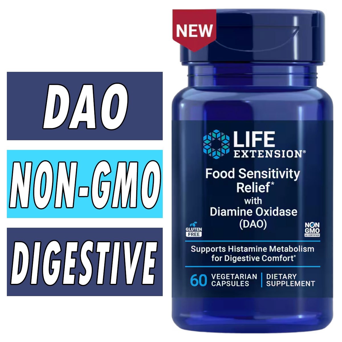 Life Extension Food Sensitivity Relief with Diamine Oxidase (DAO) - 60 Veg Caps Bottle Image