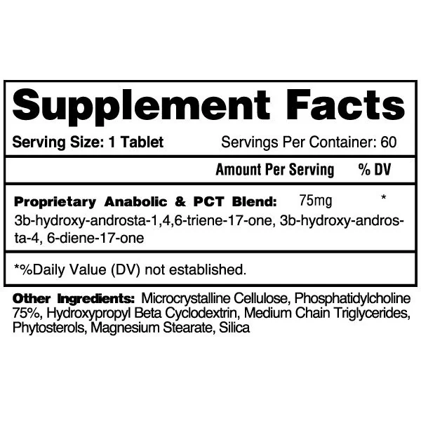 Letro XT supplement facts panel, 75 mg proprietary anabolic and PCT blend Letro XT supplement facts panel image showing 75 mg proprietary anabolic and PCT blend with two listed compounds