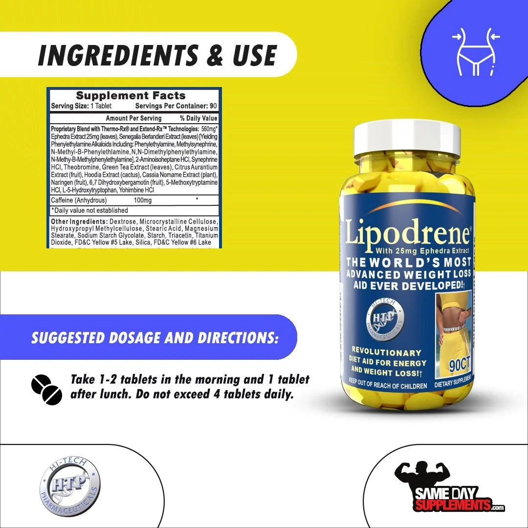 Lipodrene supplement facts and suggested use panel Lipodrene ingredient panel and directions image showing the supplement facts and suggested use