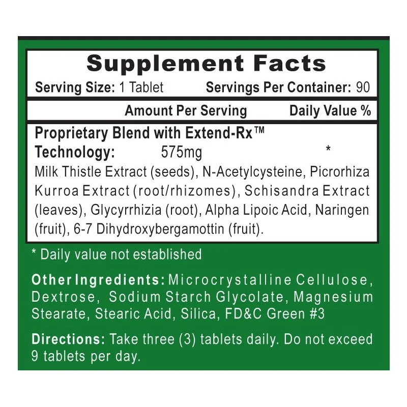 Liver-Rx supplement facts panel, proprietary blend 575 mg Liver-Rx supplement facts panel image showing 575 mg proprietary blend with milk thistle, NAC, picrorhiza, schisandra, glycyrrhizia, ALA, naringen, and 6-7 dihydroxybergamottin